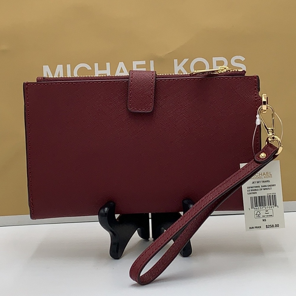 MICHAEL KORS LARGE DOUBLE ZIP WRISTLET WALLET DARK CHERRY COLOR MERLOT M… - Picture 8 of 16